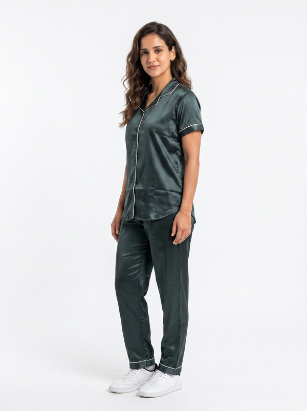 Satin Top with Pyjama Night Suit - Bottle Green - 13368
