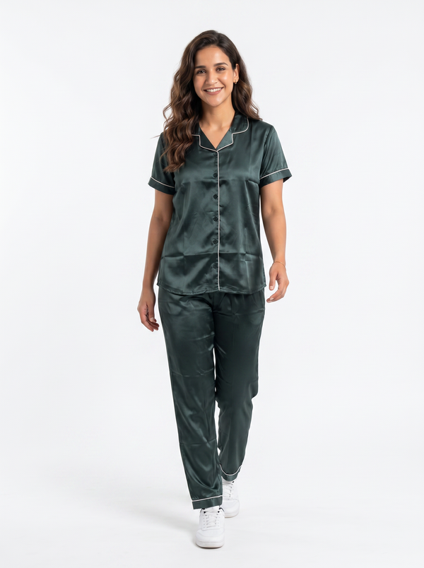 Satin Top with Pyjama Night Suit - Bottle Green - 13368