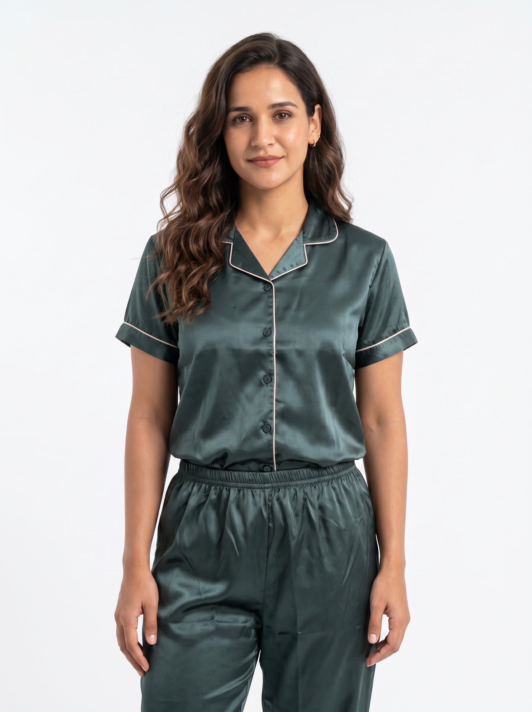 Satin Top with Pyjama Night Suit - Bottle Green - 13368