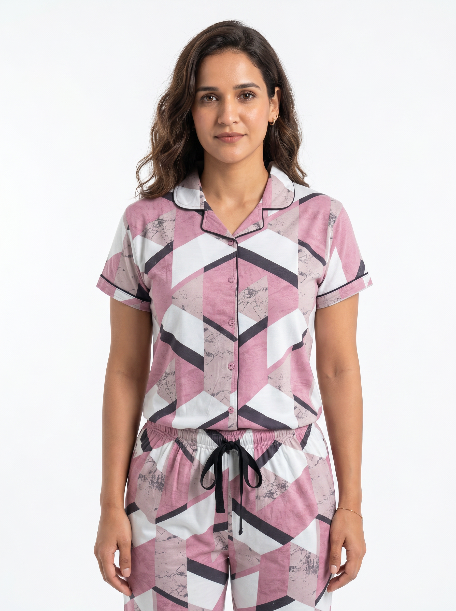 Cotton Printed Top with Pyjama Night Suit - Pink - SS3156A