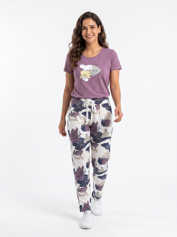 Cotton Top with Pyjama Night Suit - Purple - SS3093A