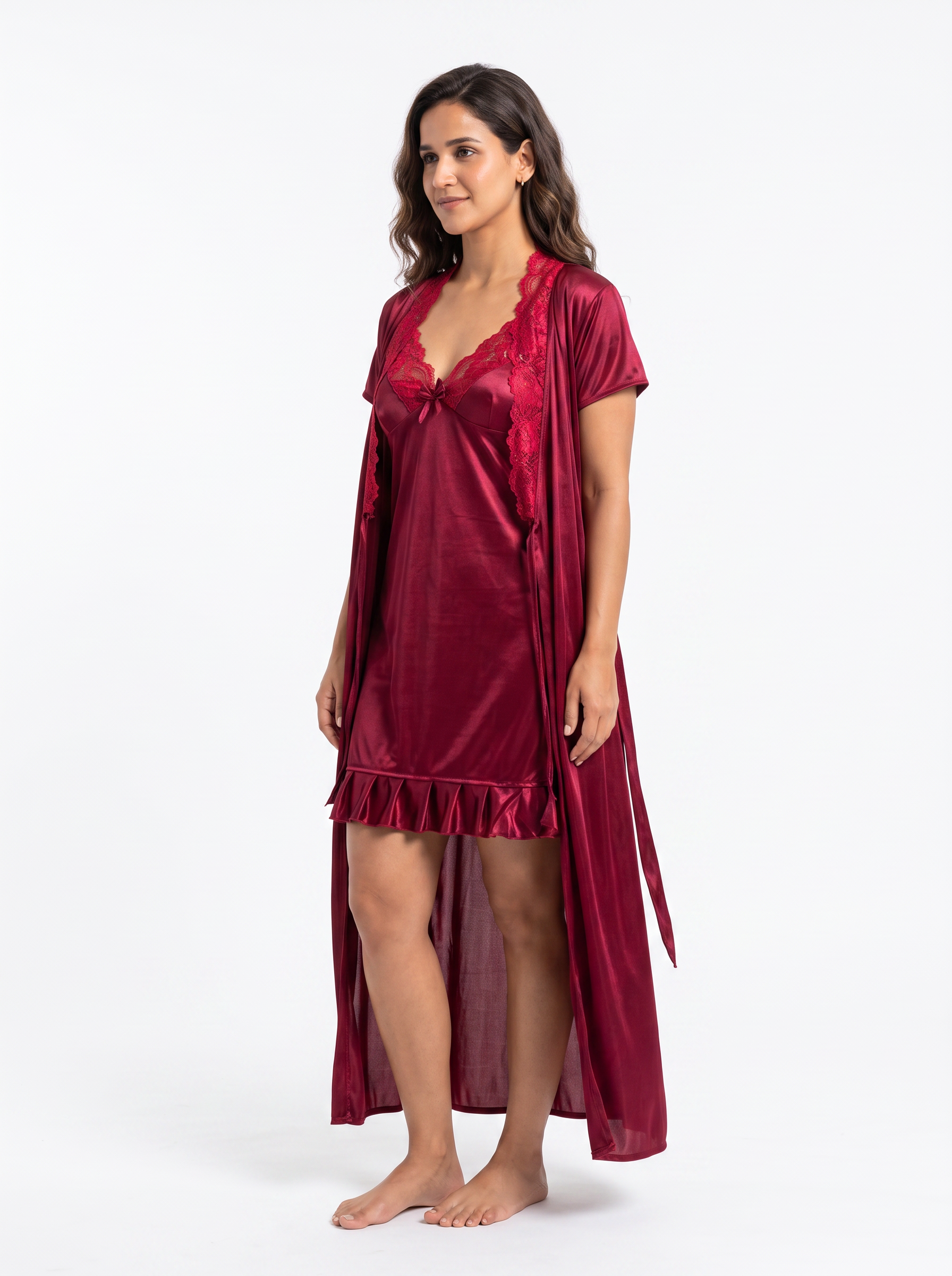Satin Short Bridal Night Wear - Wine - 1700D