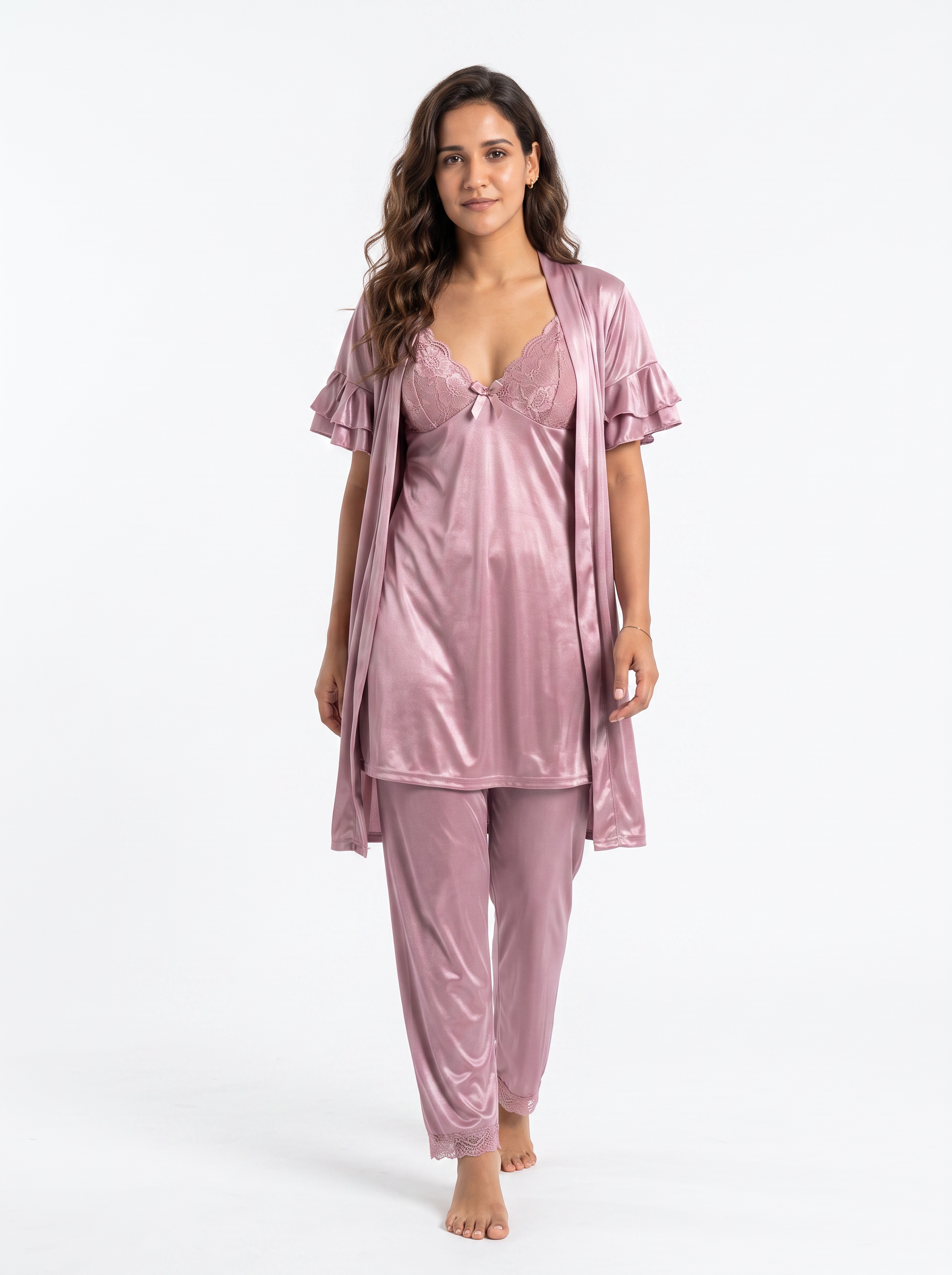 Satin 3-Piece Bridal Night Wear - Mauve - 1200J