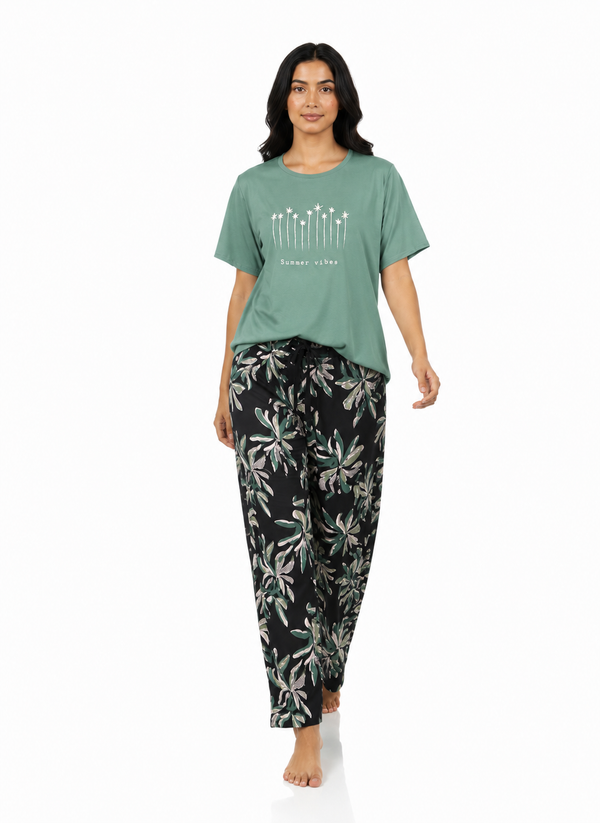 Cotton Top with Pyjama Night Suit - Green - SS3065B