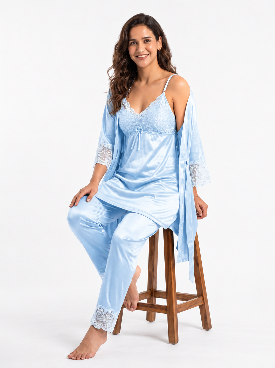 Satin 3-Piece Bridal Night Wear - Sky Blue - 1600B