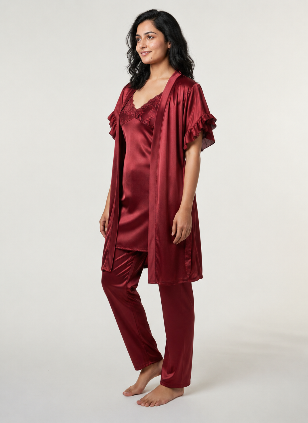 Satin 3-Piece Bridal Night Wear - Wine - 1200D