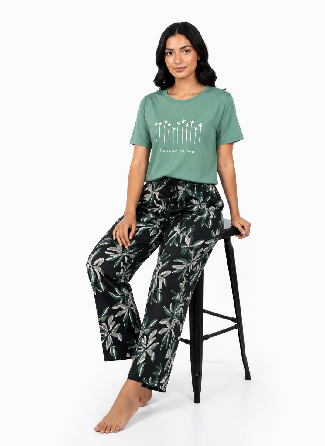 Cotton Top with Pyjama Night Suit - Green - SS3065B