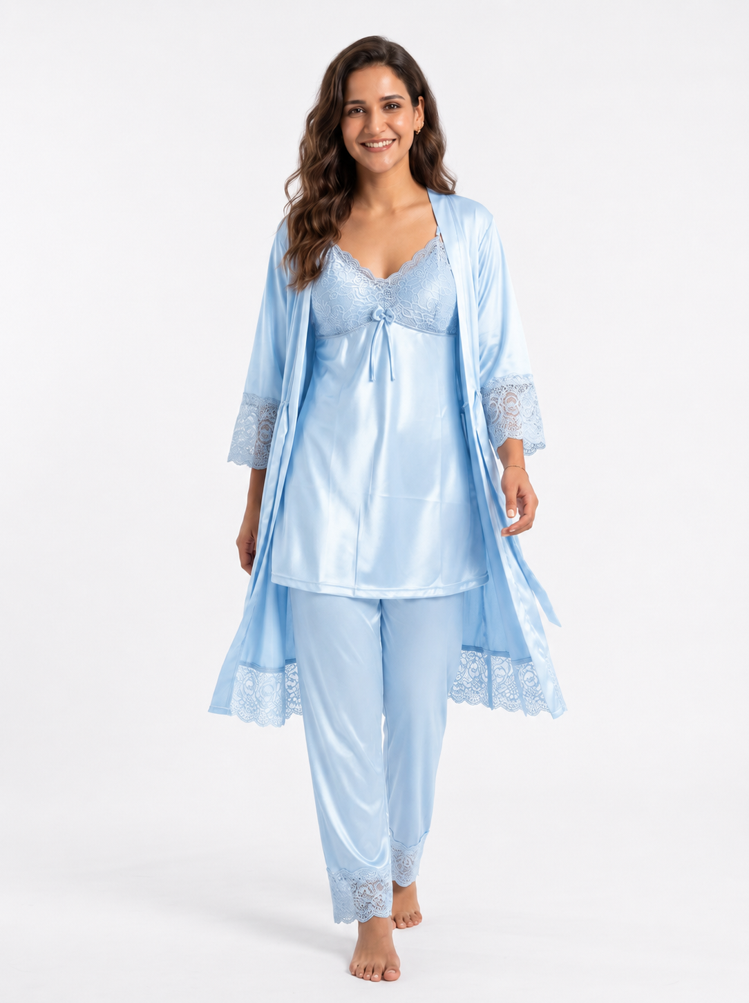 Satin 3-Piece Bridal Night Wear - Sky Blue - 1600B