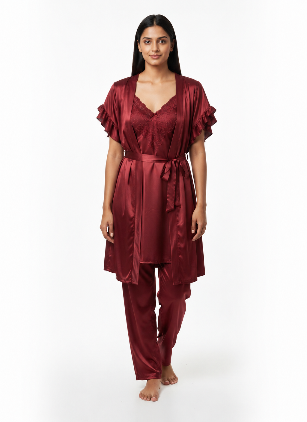 Satin 3-Piece Bridal Night Wear - Wine - 1200D