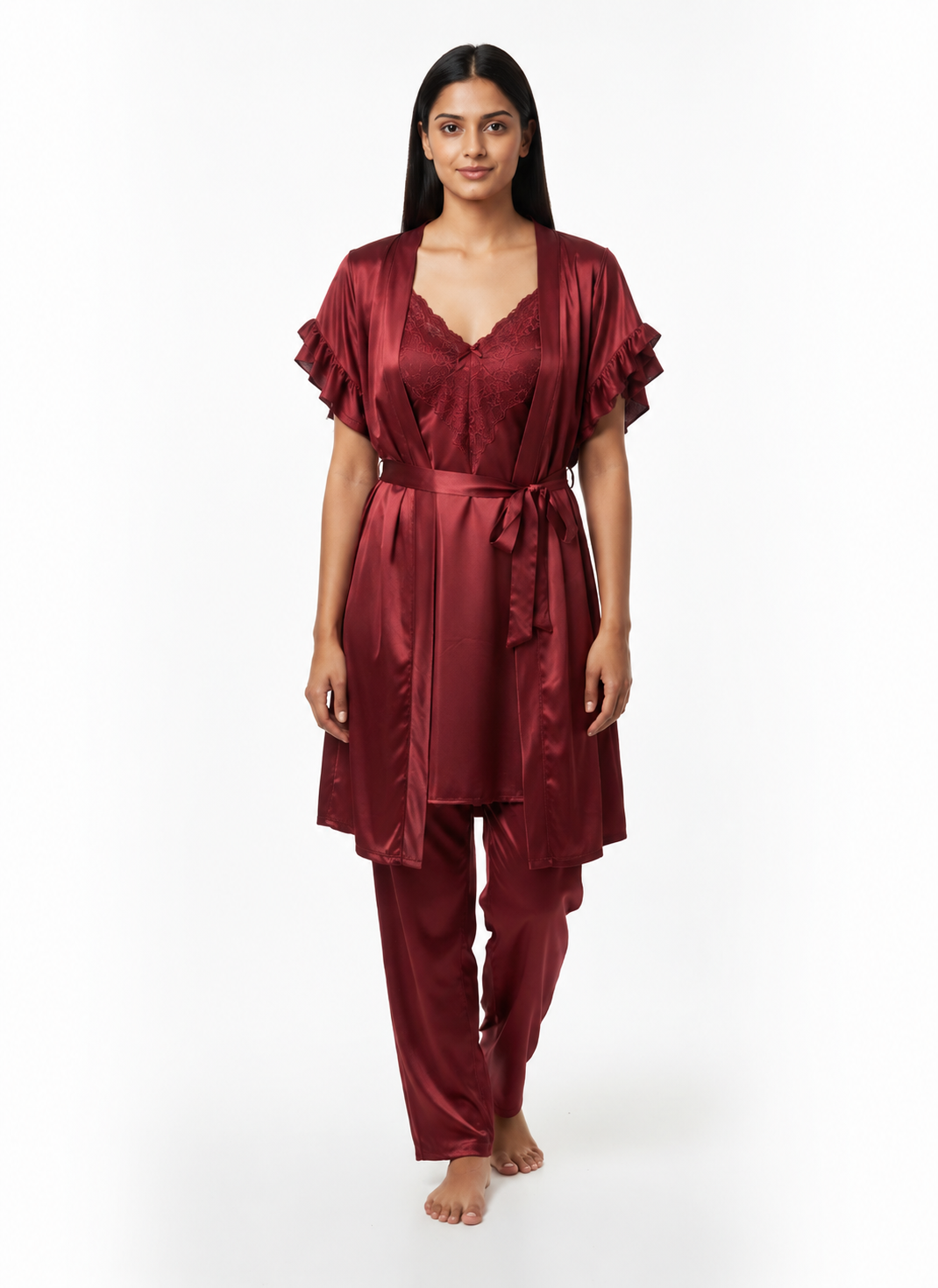 Satin 3-Piece Bridal Night Wear - Wine - 1200D