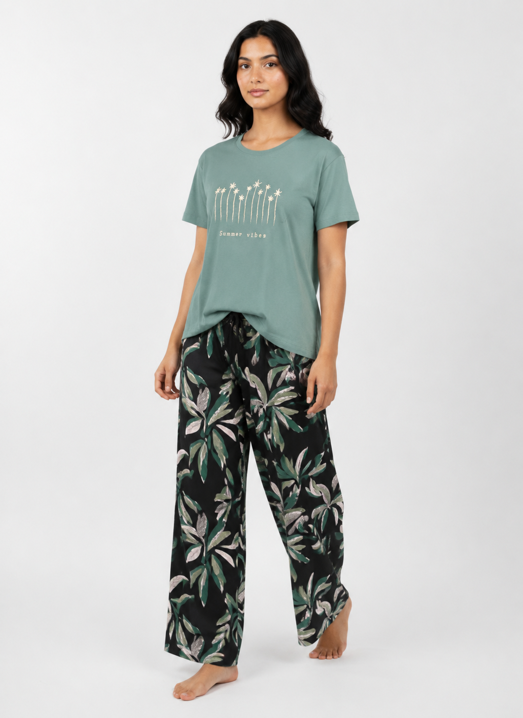 Cotton Top with Pyjama Night Suit - Green - SS3065B