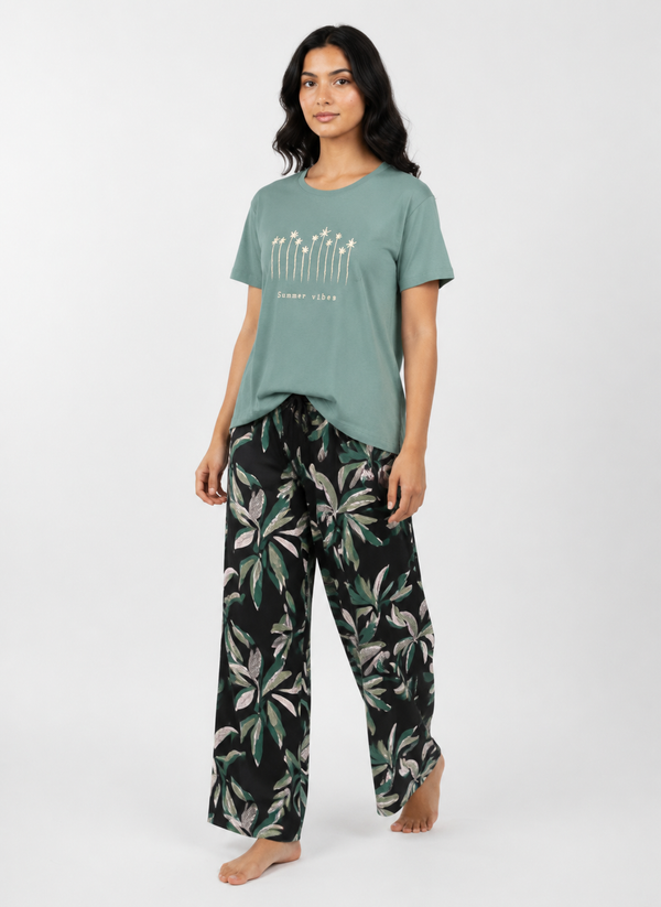 Cotton Top with Pyjama Night Suit - Green - SS3065B