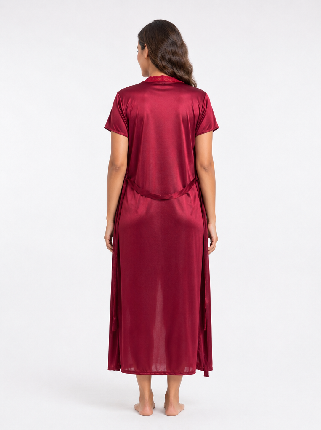 Satin Short Bridal Night Wear - Wine - 1700D