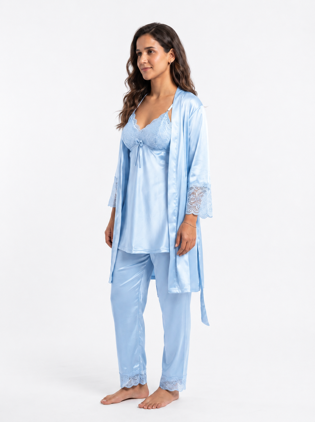 Satin 3-Piece Bridal Night Wear - Sky Blue - 1600B