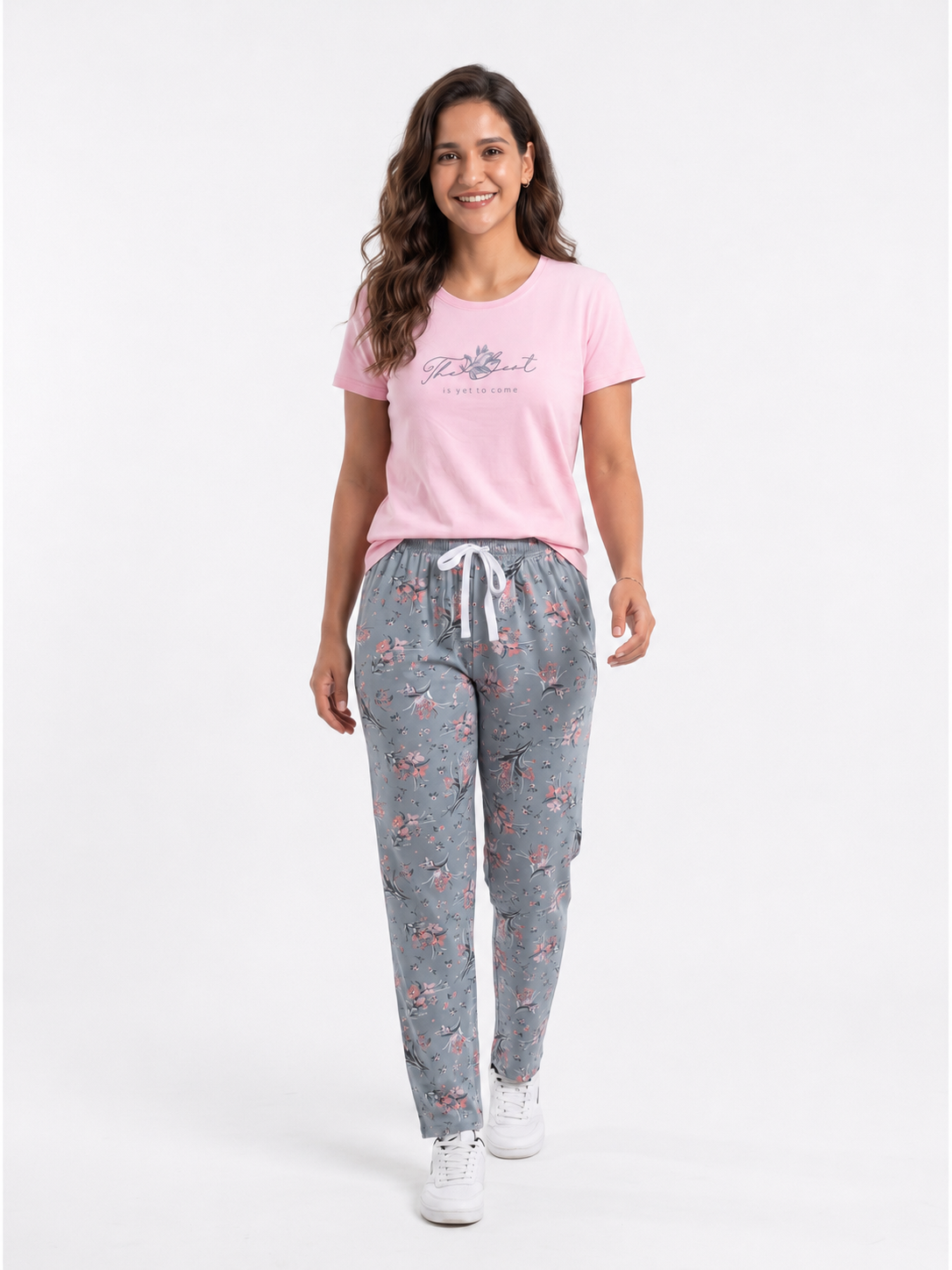 Cotton Top with Pyjama Night Suit - Pink - 5239B