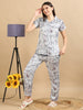 10005B-Satin Top with Pyjama Printed Nightsuit - Grey