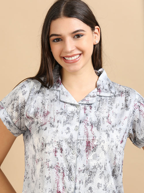  Printed Grey Satin Night Suit For Women 