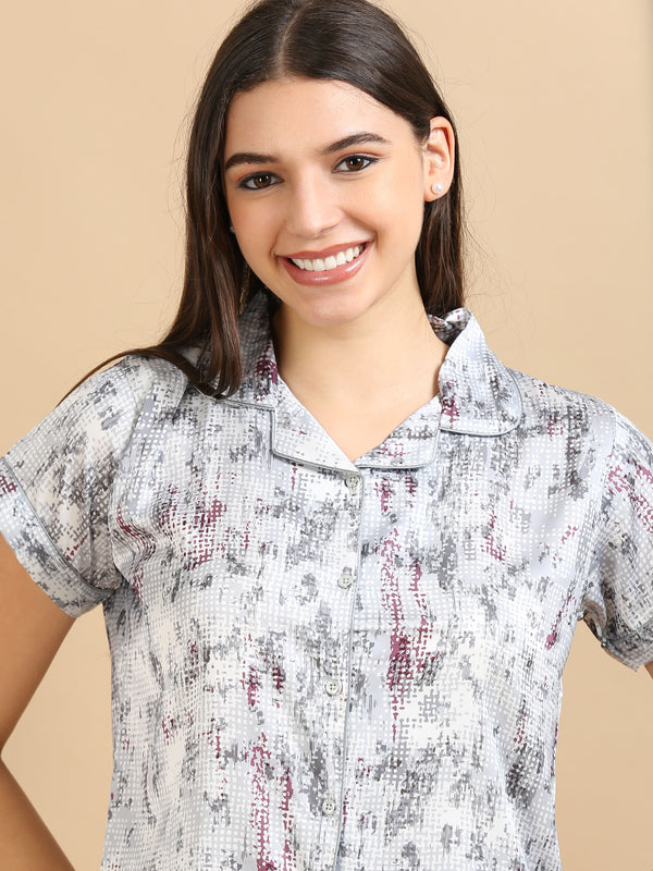 10005B-Satin Top with Pyjama Printed Nightsuit - Grey