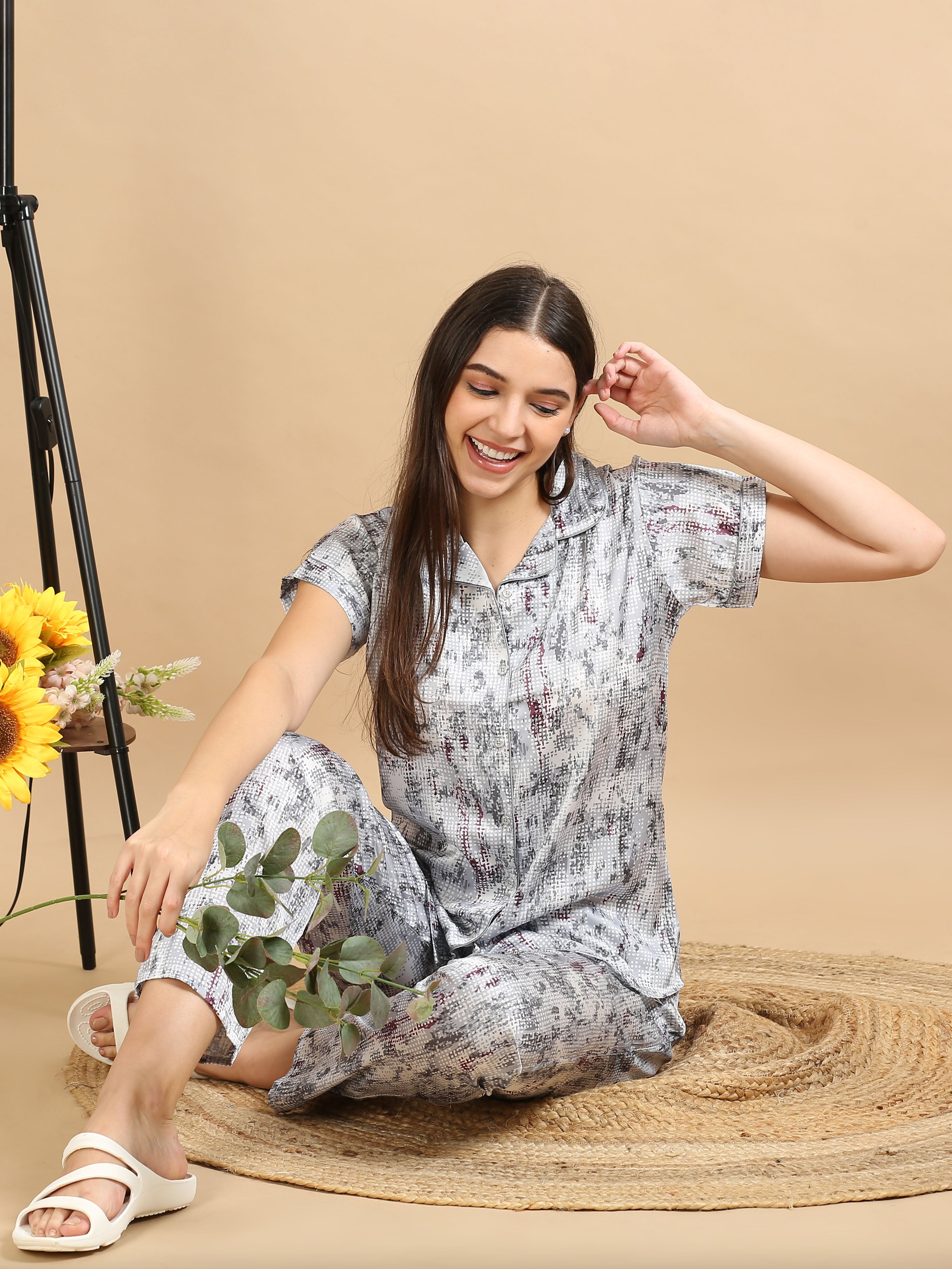 10005B-Satin Top with Pyjama Printed Nightsuit - Grey