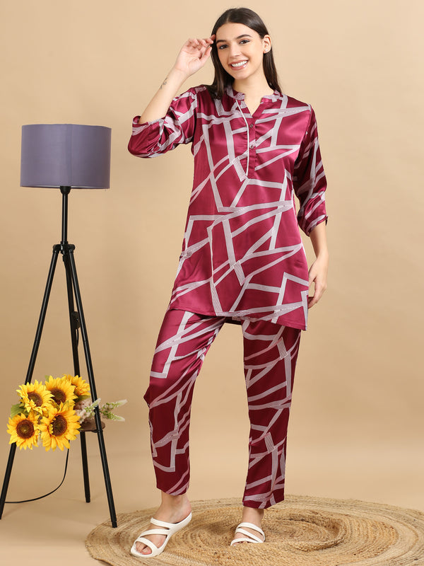 10018A-Satin Printed Co -Ords - Maroon