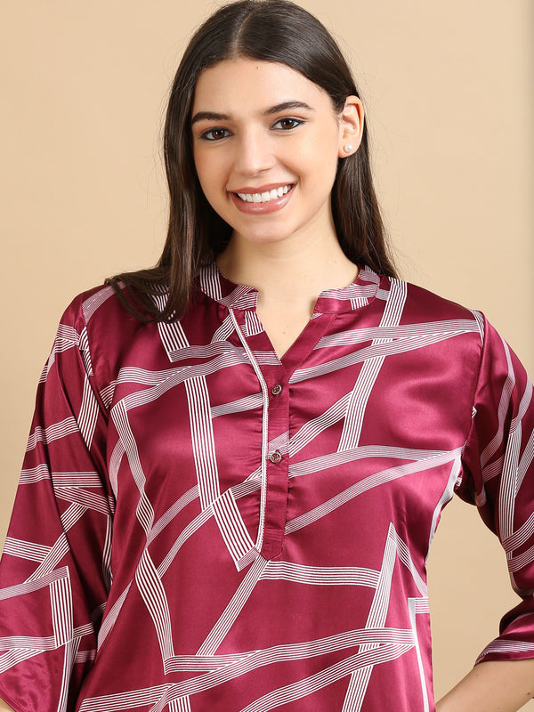 10018A-Satin Printed Co -Ords - Maroon
