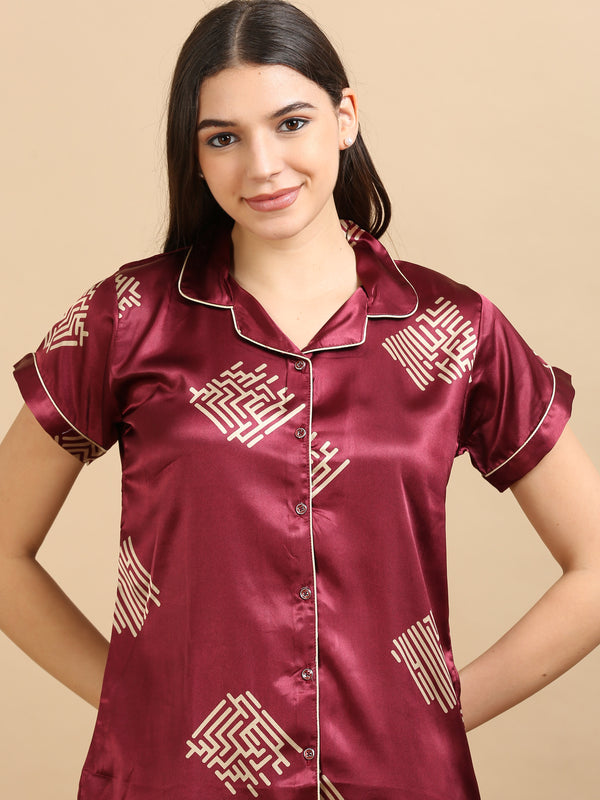 10010A-Satin Top with Pyjama Printed Nightsuit - Maroon