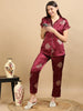 10010A-Satin Top with Pyjama Printed Nightsuit - Maroon