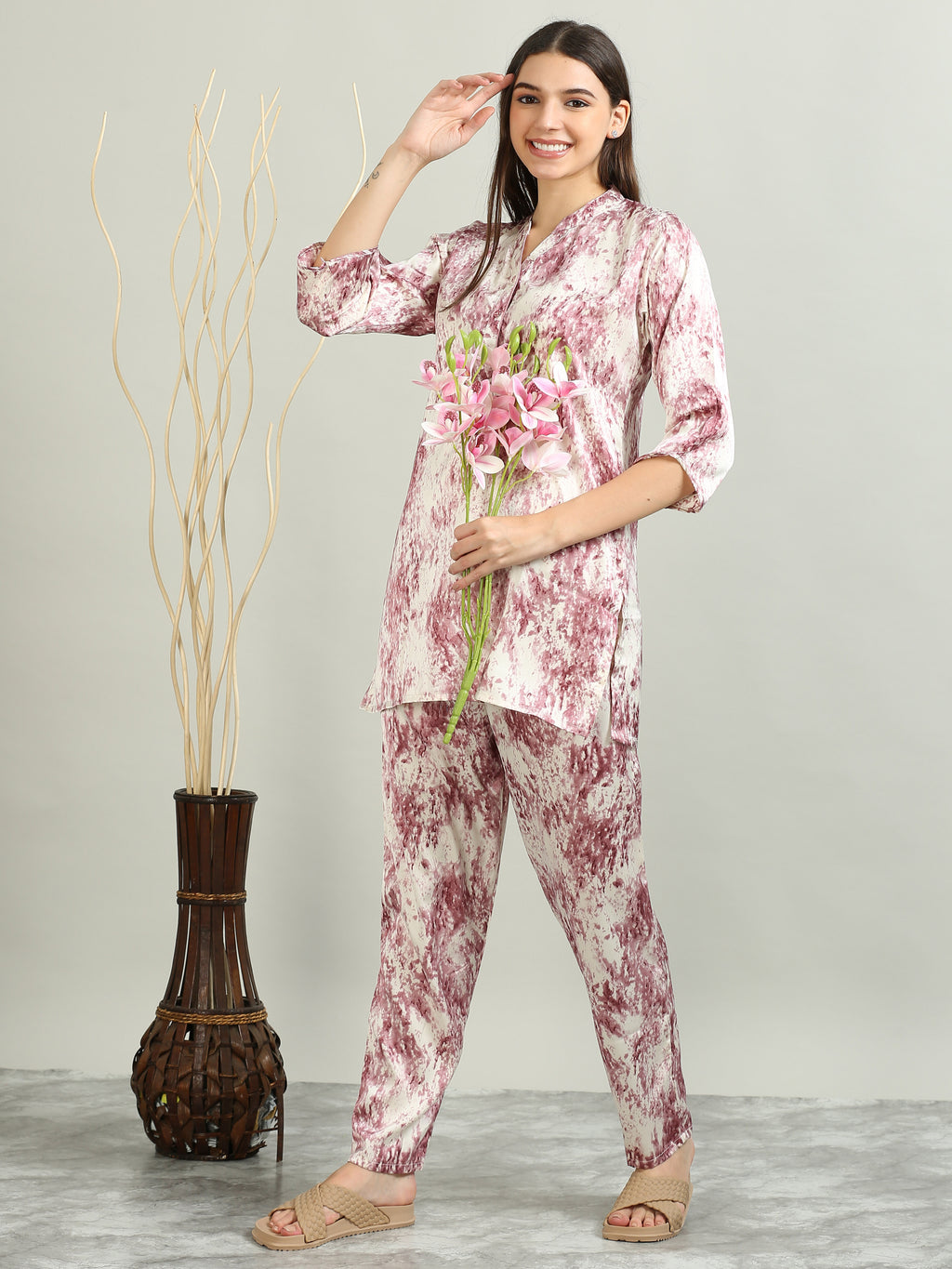 10026A-Satin Printed Co -Ords - Pink