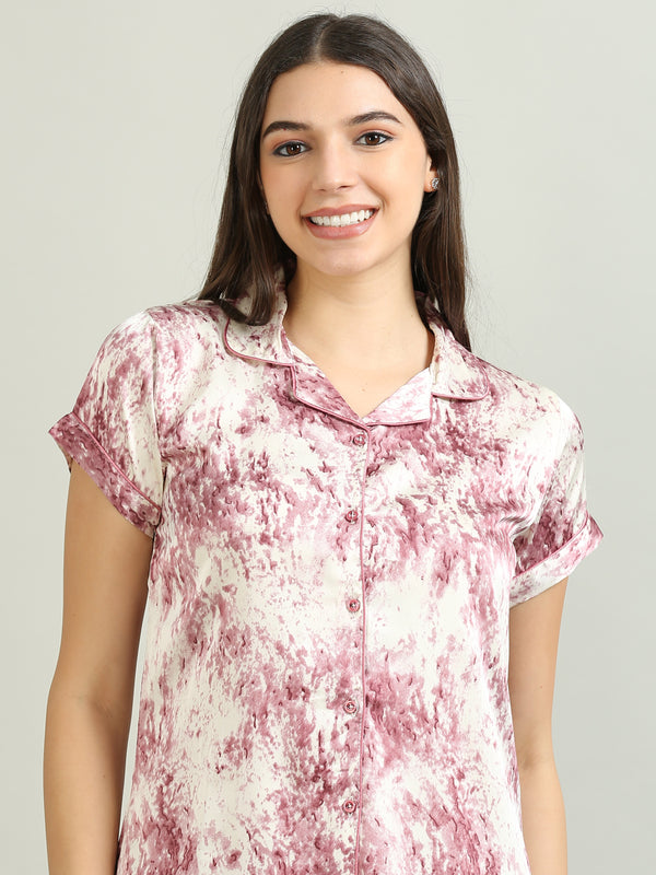10003A-Satin Top with Pyjama Printed Nightsuit - Pink