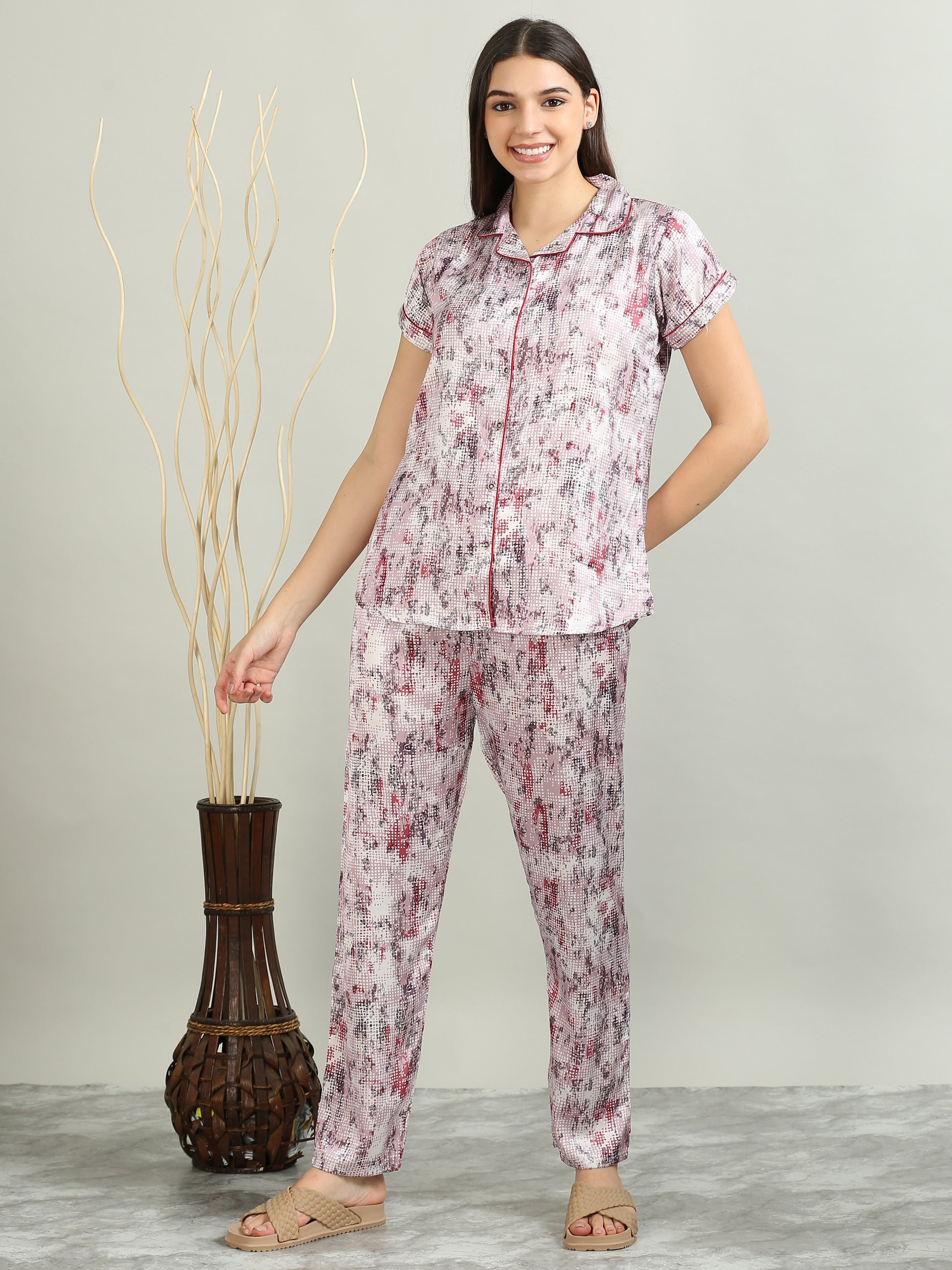 Printed Lavender Satin Pajama Set Womens