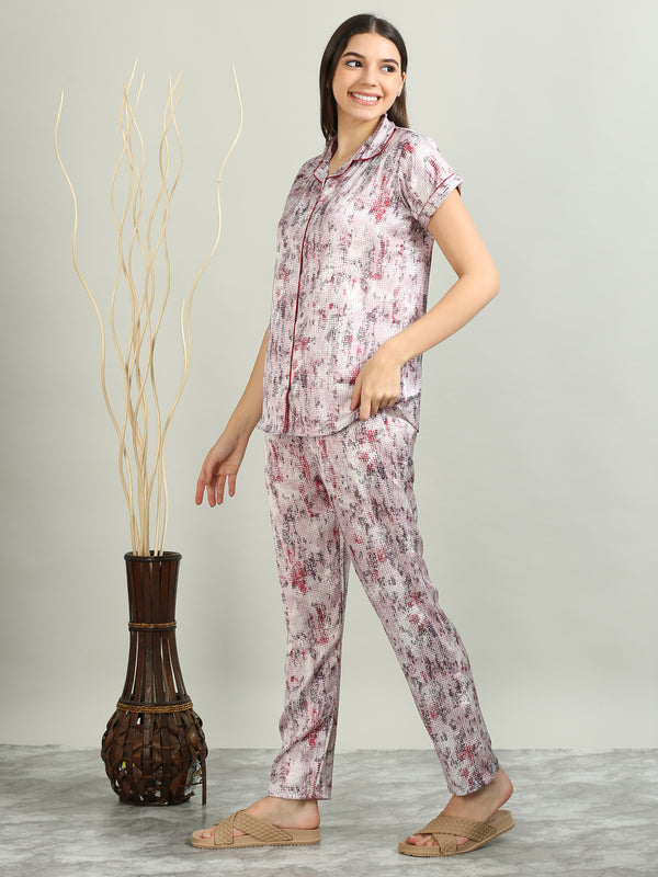 10005A-Satin Top with Pyjama Printed Nightsuit - Lavender