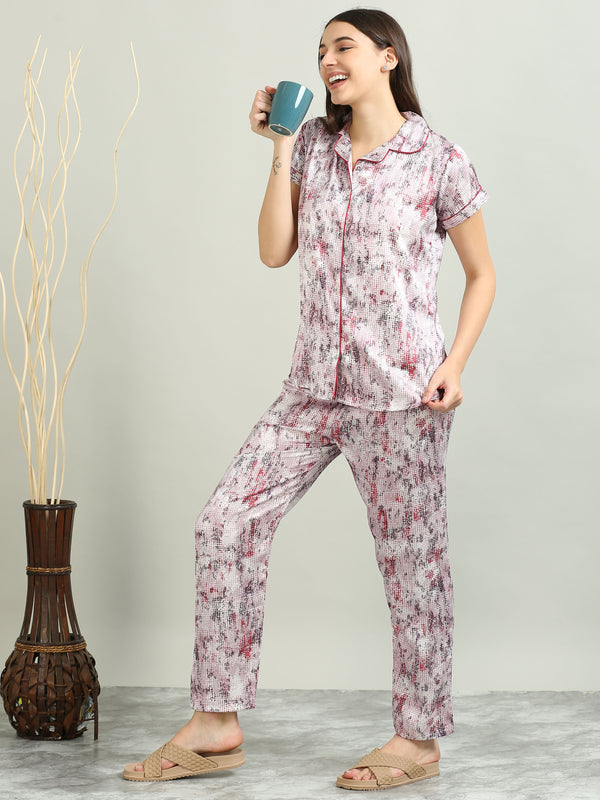 10005A-Satin Top with Pyjama Printed Nightsuit - Lavender