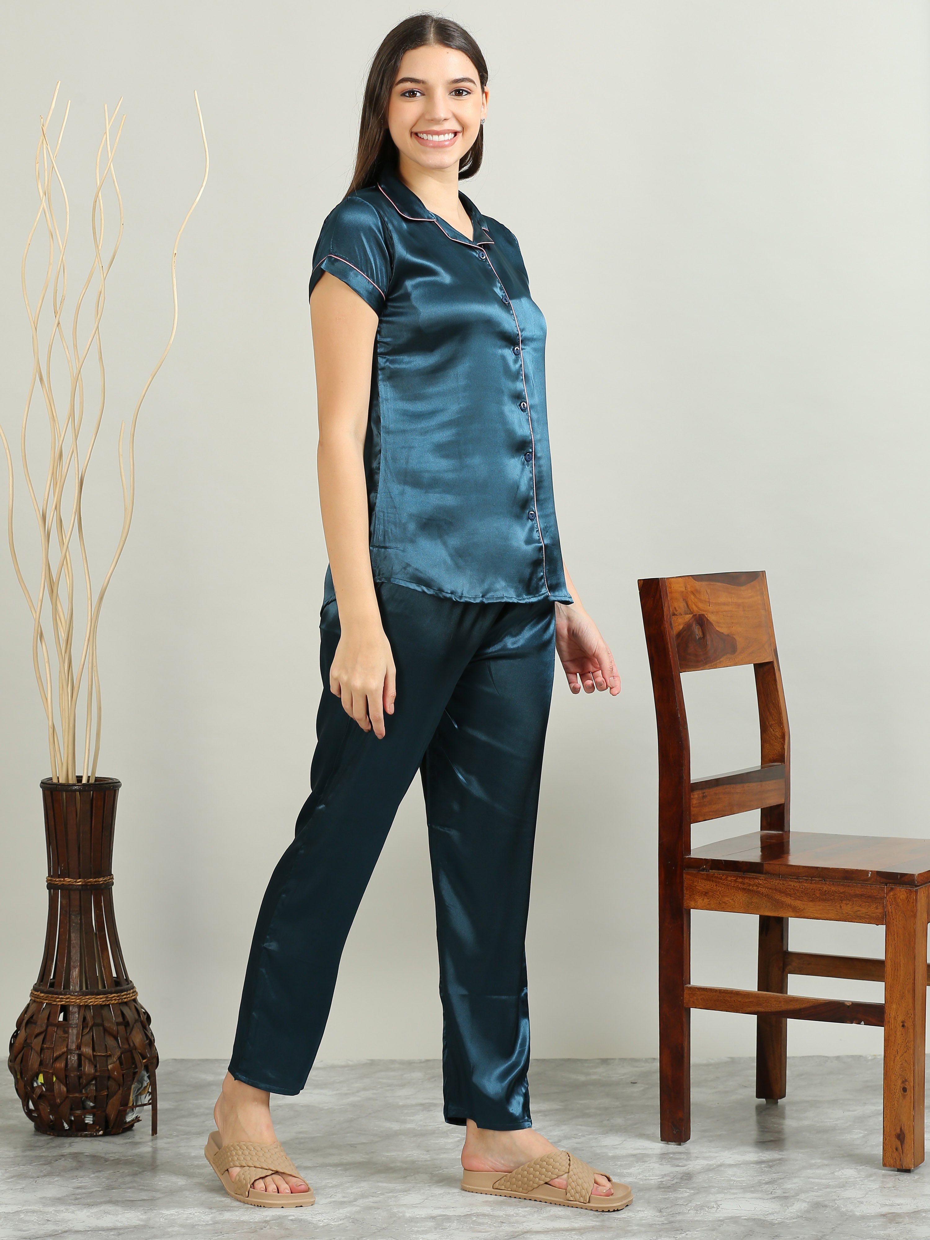 Blue Satin Sleepwear Set For Women 