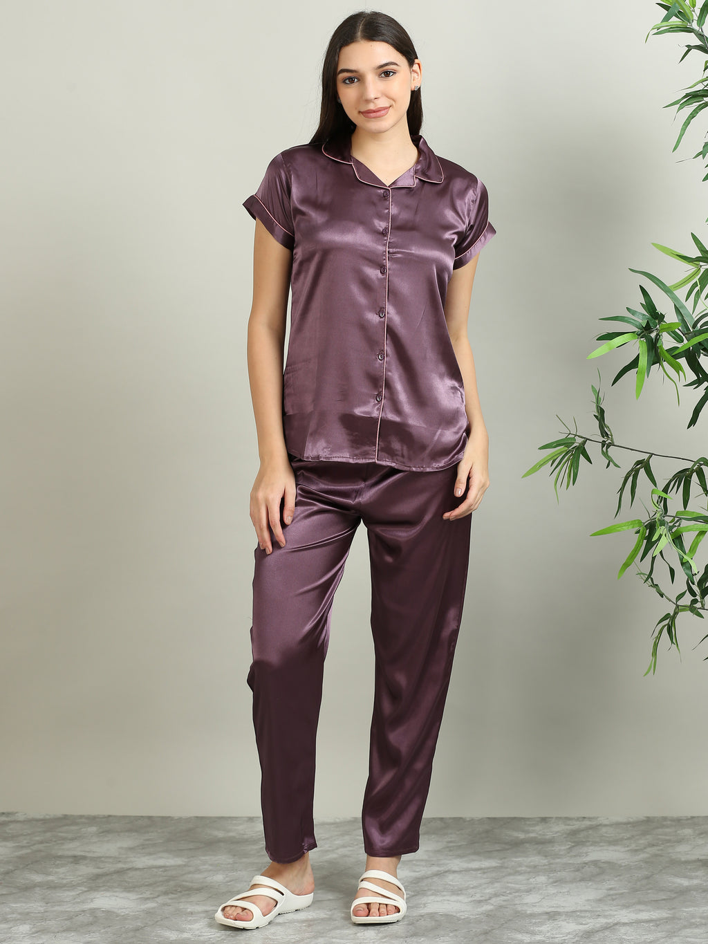 3079H-Satin Top with Pyjama Nightsuit -Dark Lavender