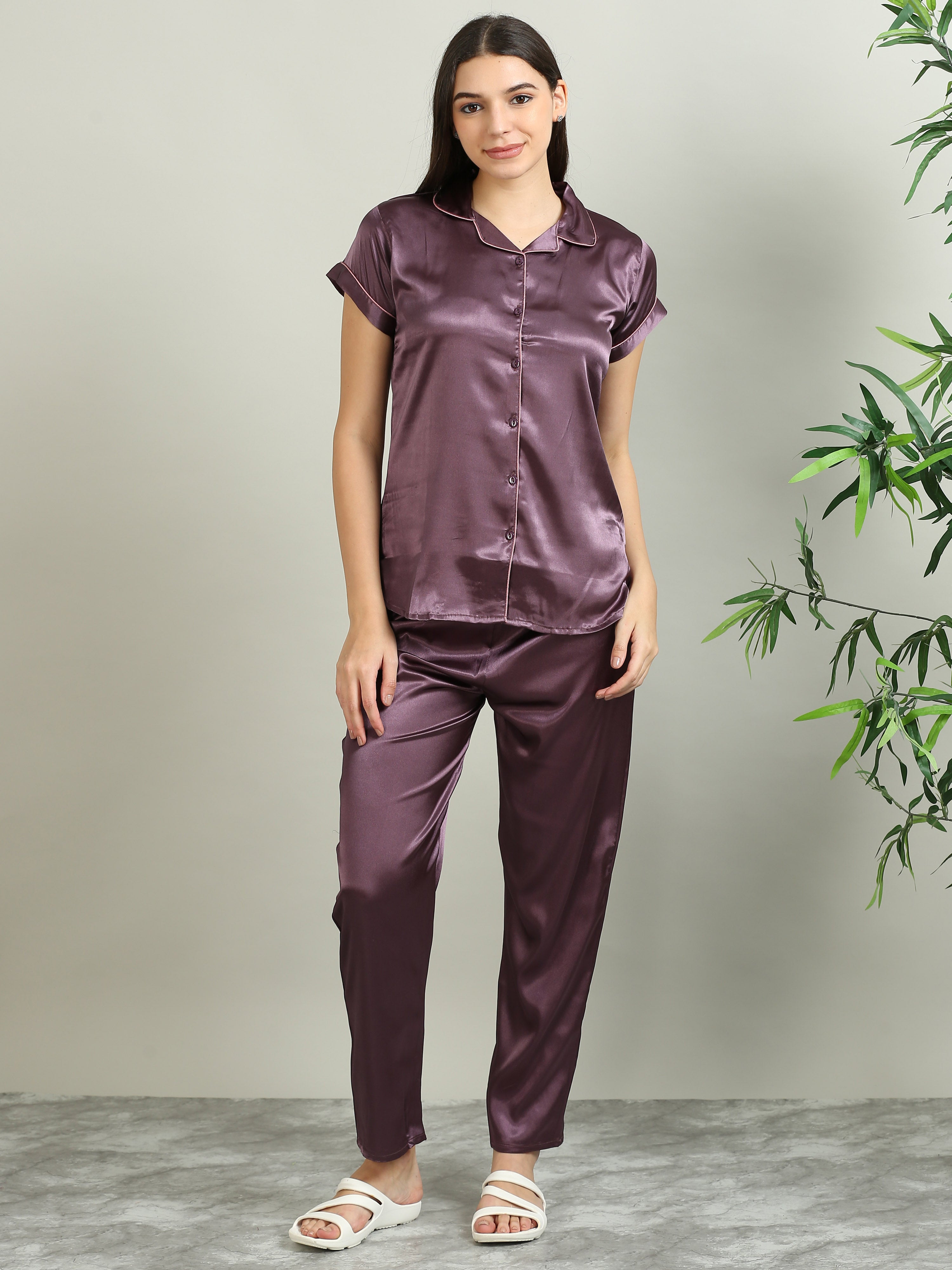 3079H-Satin Top with Pyjama Nightsuit -Dark Lavender