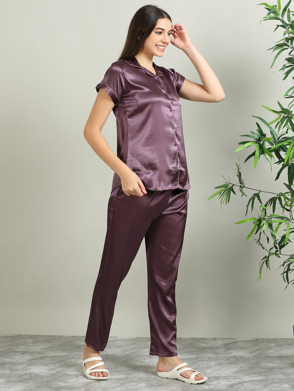 3079H-Satin Top with Pyjama Nightsuit -Dark Lavender