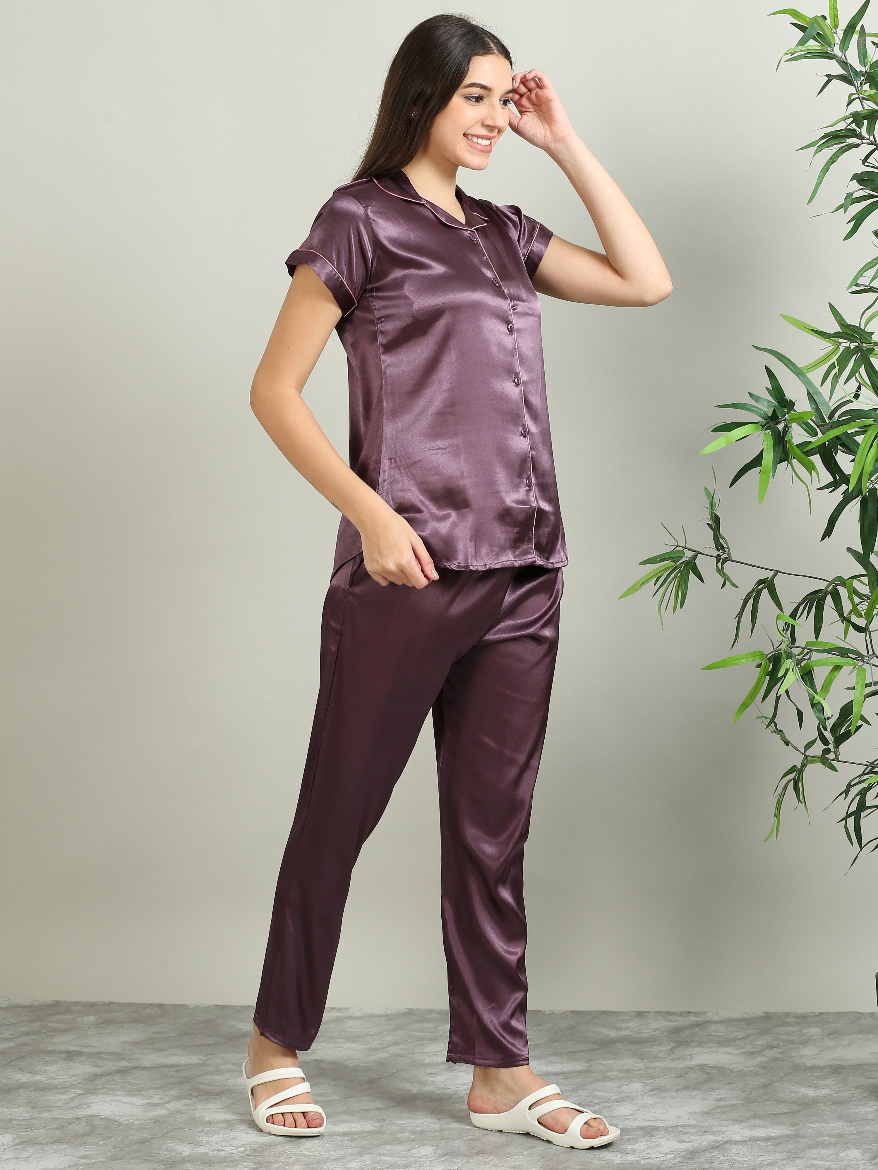 3079H-Satin Top with Pyjama Nightsuit -Dark Lavender