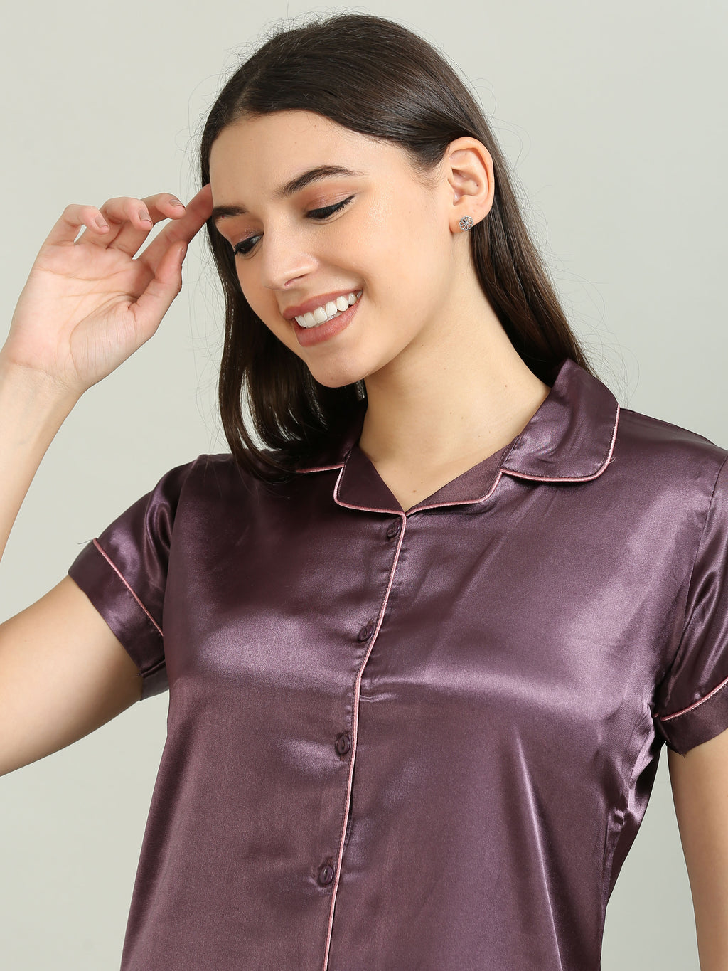 3079H-Satin Top with Pyjama Nightsuit -Dark Lavender