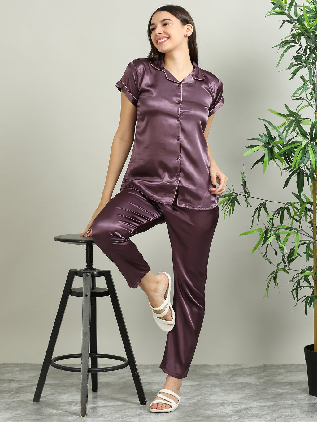 3079H-Satin Top with Pyjama Nightsuit -Dark Lavender