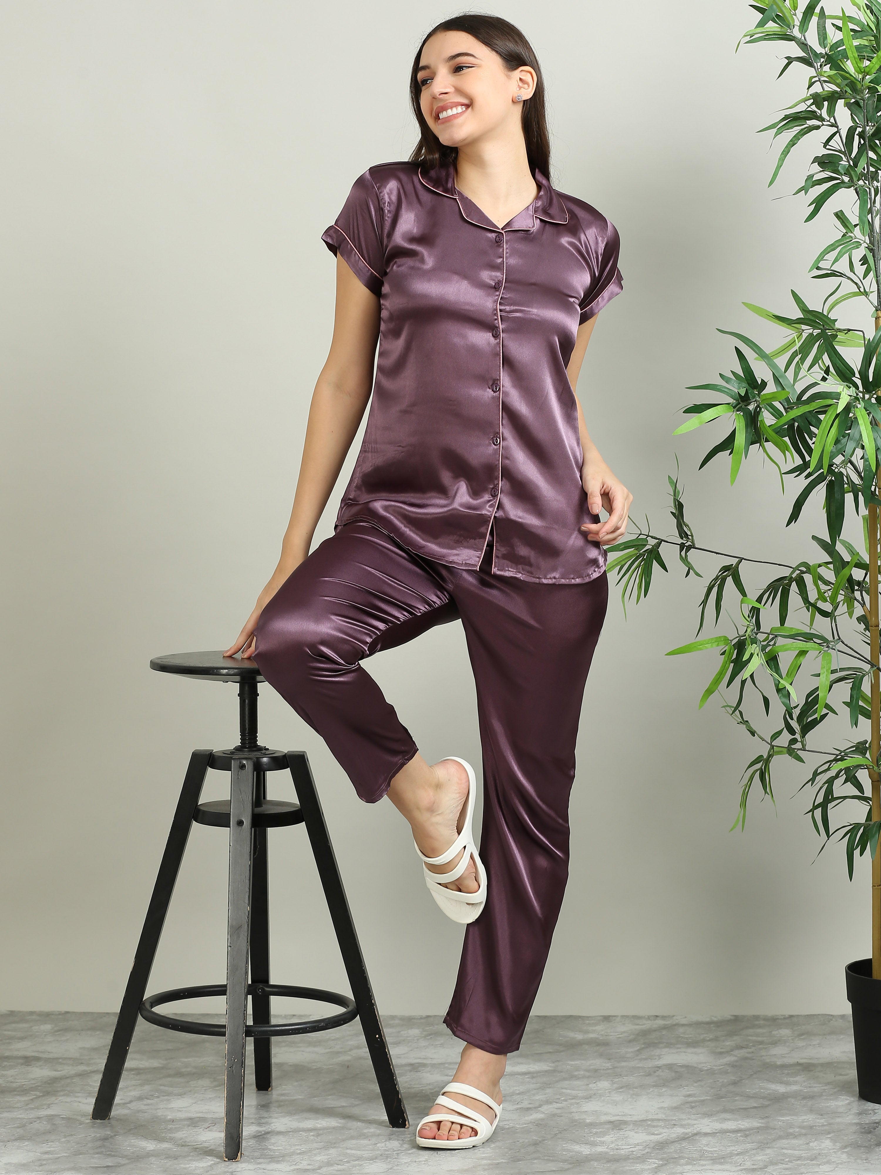 3079H-Satin Top with Pyjama Nightsuit -Dark Lavender