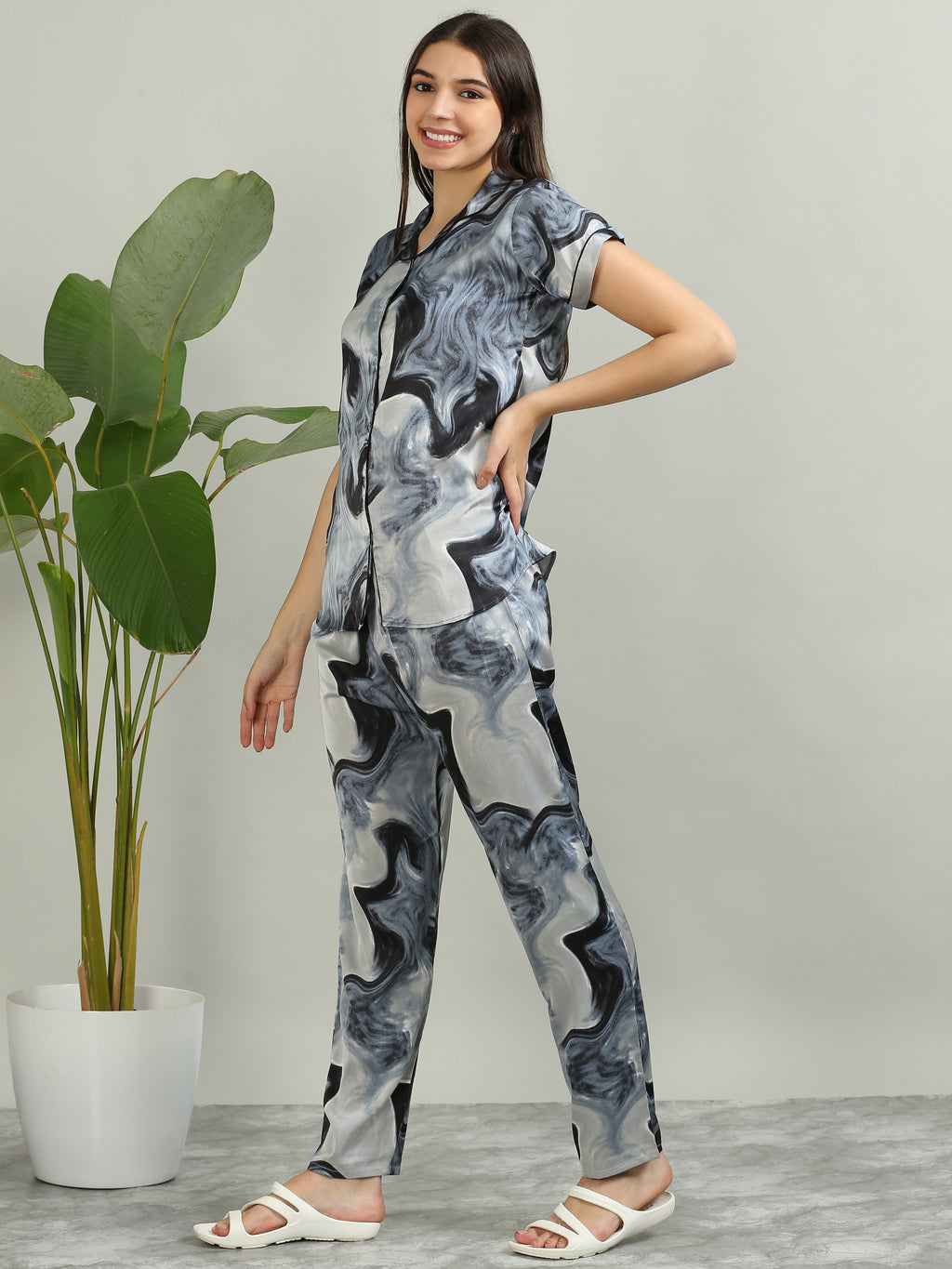 Printed Ash Grey Satin PJ Set for Women