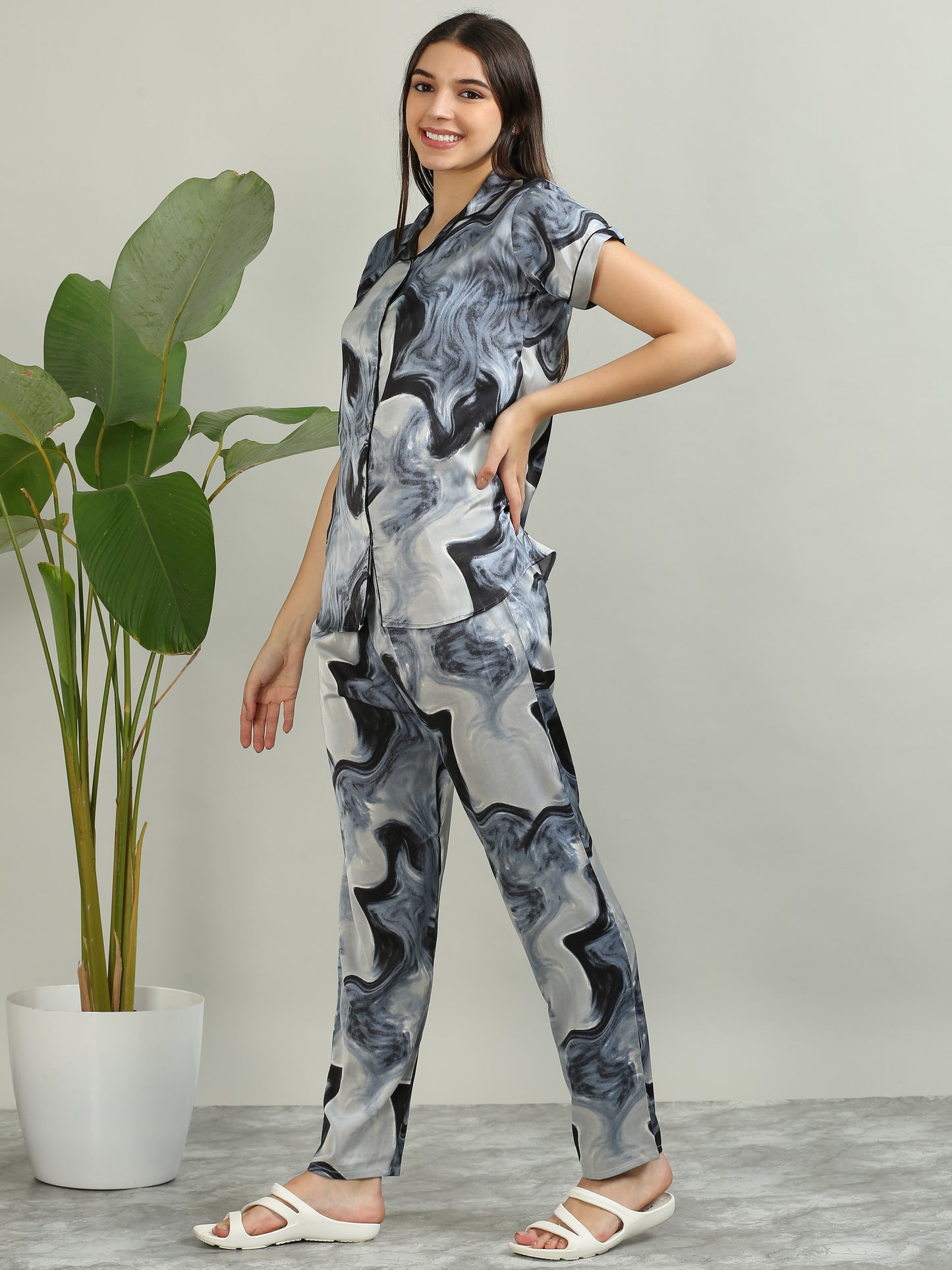 Printed Ash Grey Satin PJ Set for Women