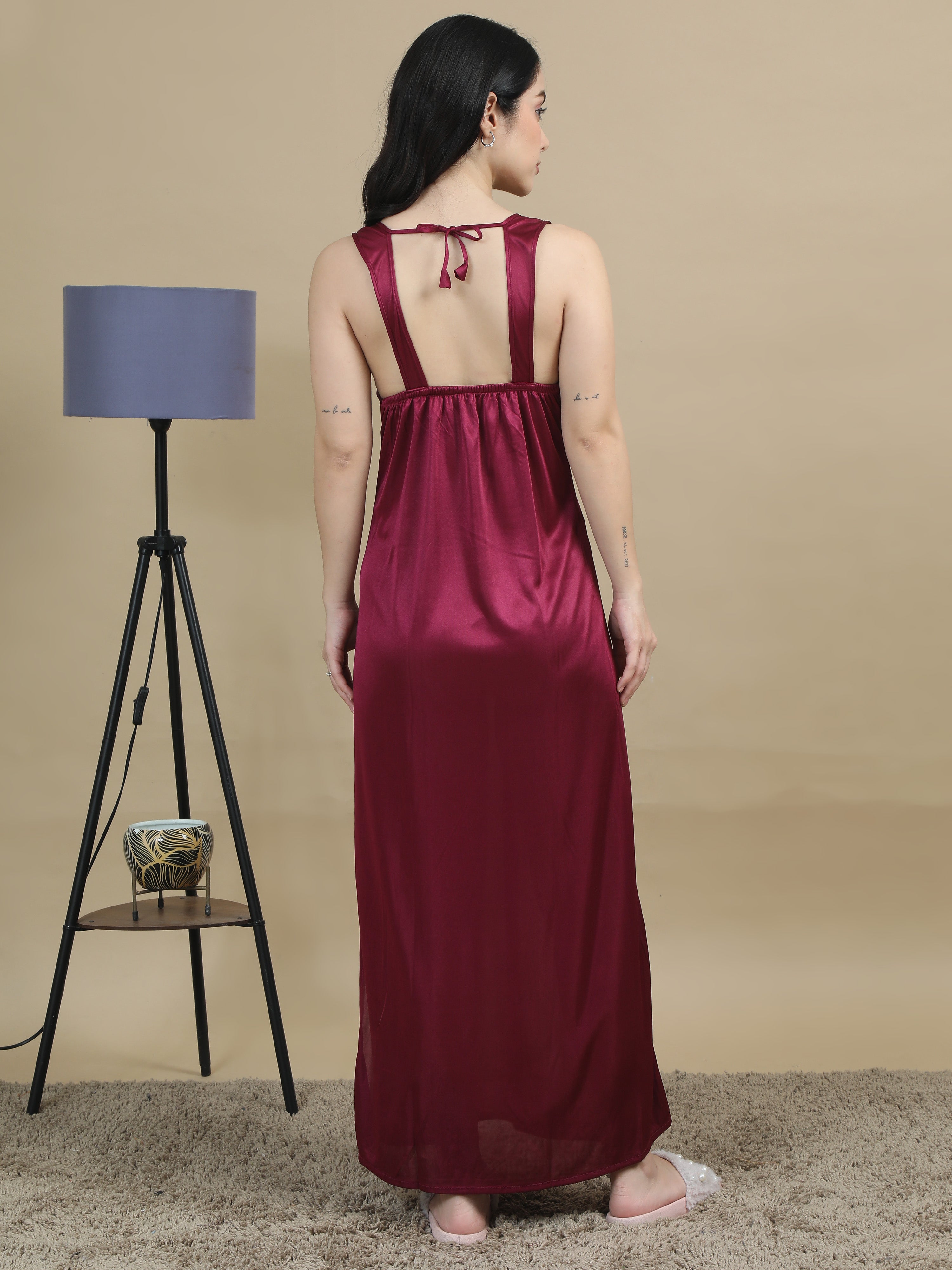 Satin Long Maroon Bridal Nighty for Women