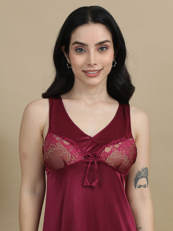 1519J-Satin Long Bridal Night Wear - Maroon