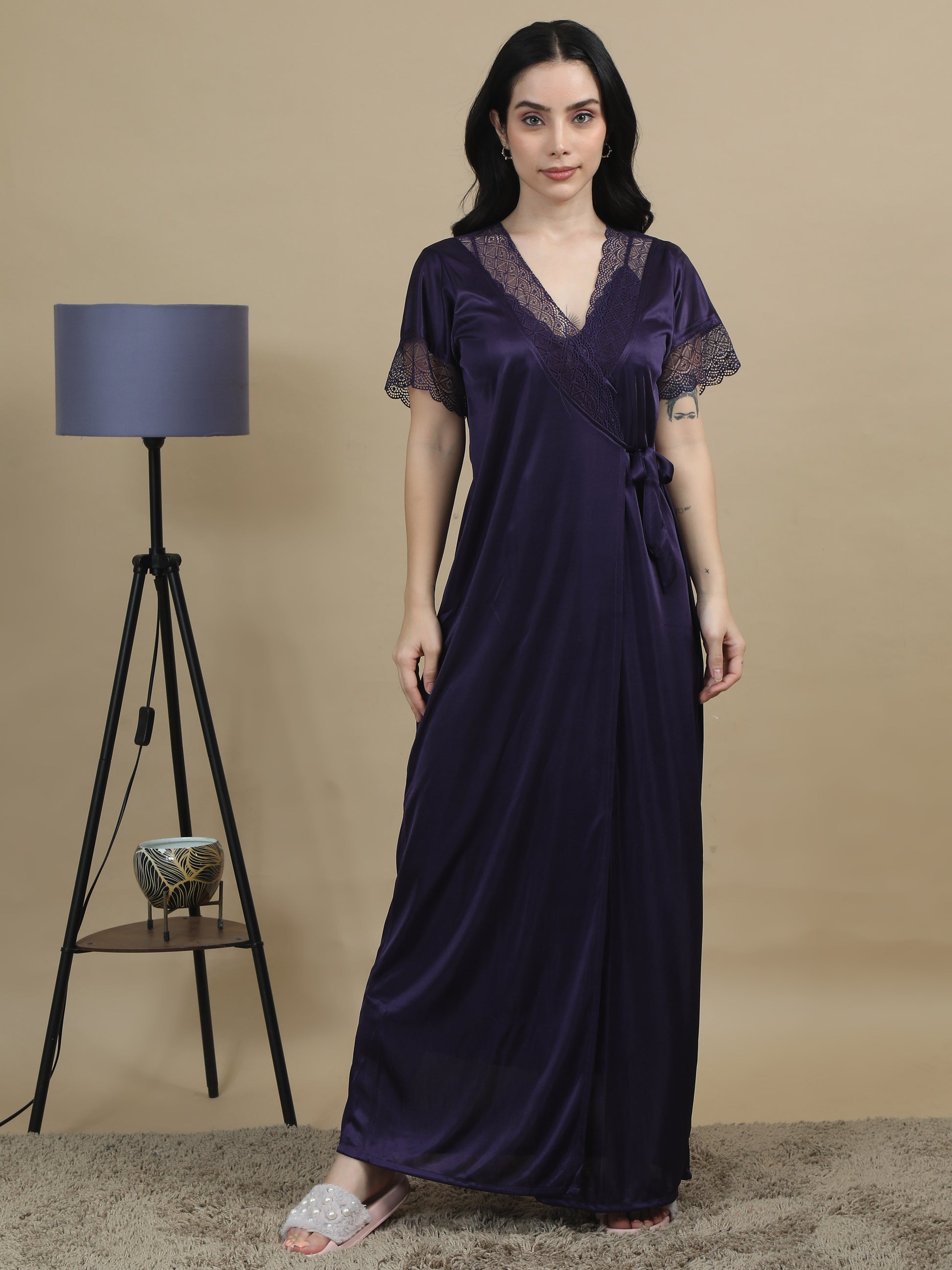 Satin Long Bridal Night Wear Purple Free Size