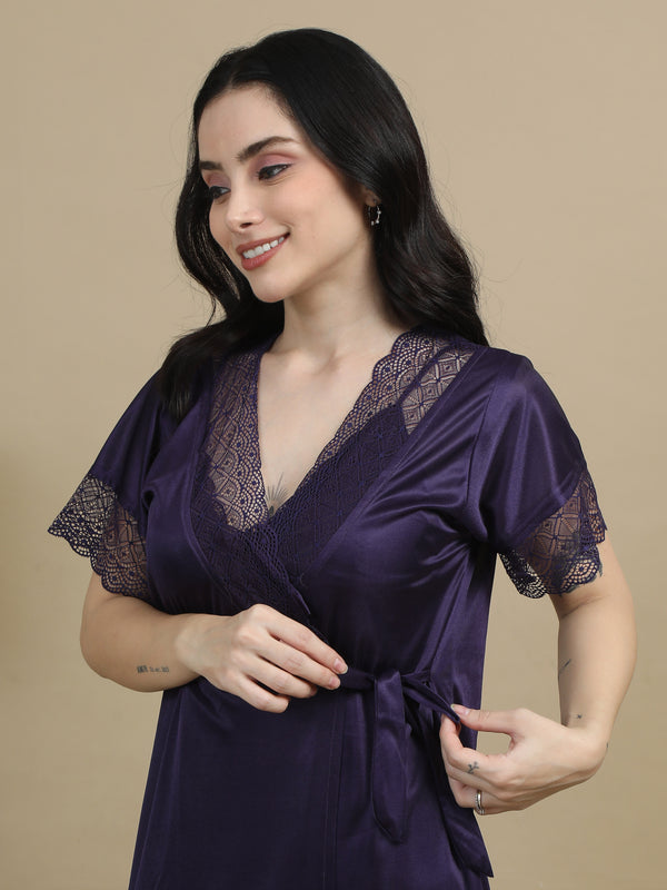 9600-Satin Long Bridal Night Wear - Purple