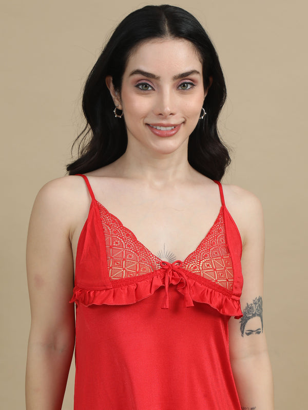 1764-Satin Short Bridal Night Wear - Red
