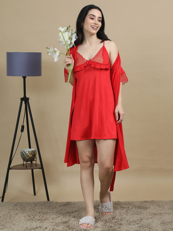 1764-Satin Short Bridal Night Wear - Red