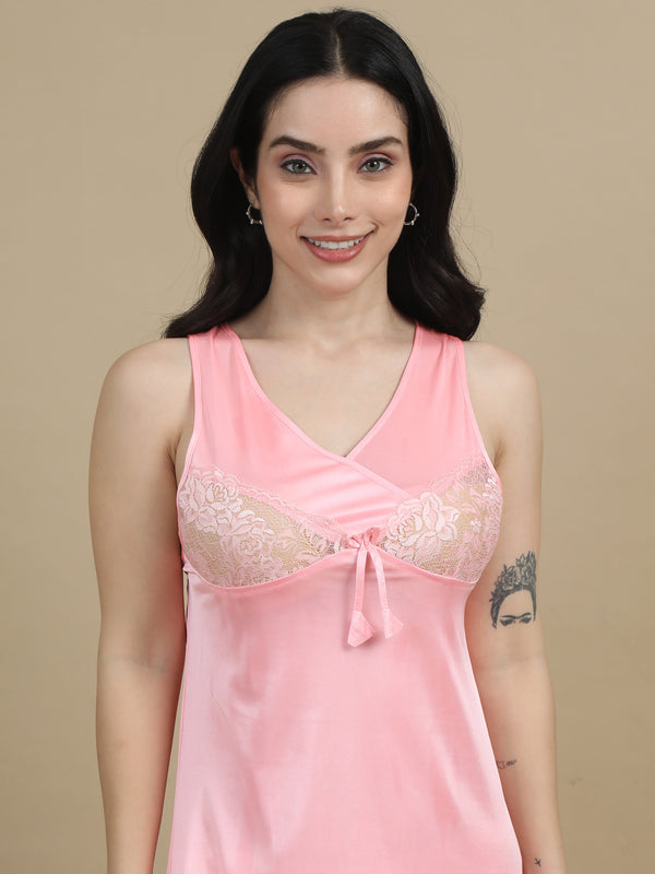 1519A-Satin Long Bridal Night Wear - Pink