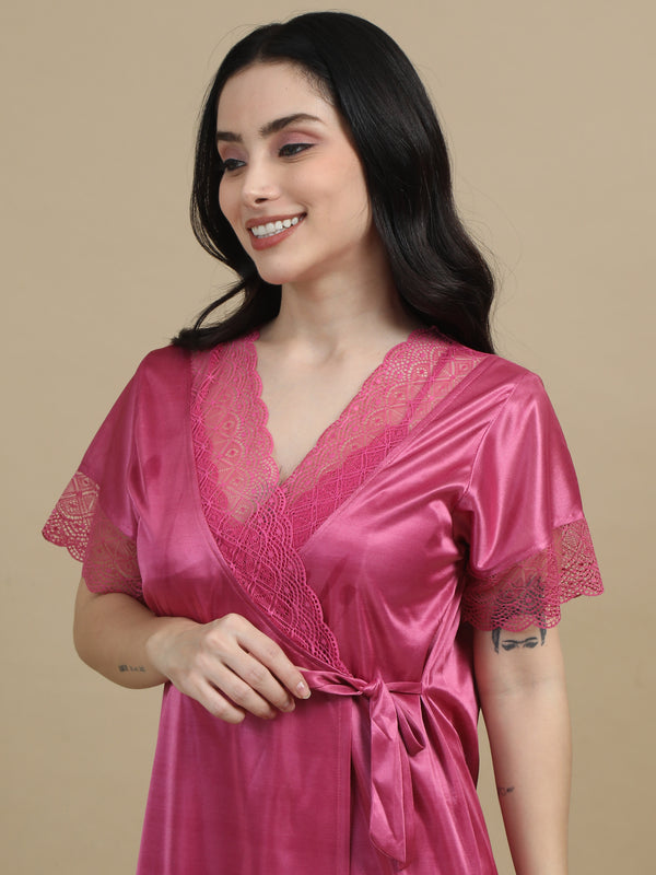 Satin Long Bridal Night Wear - Dark Pink